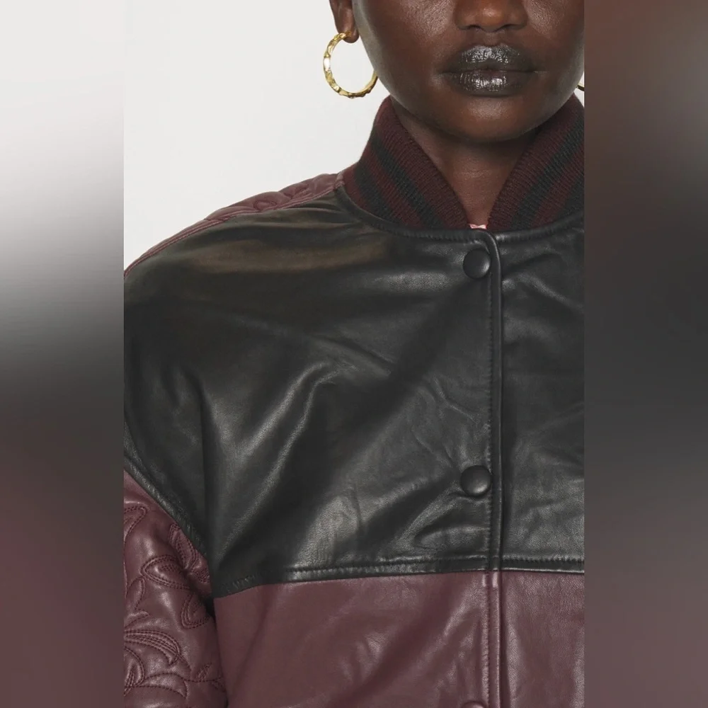 Scandinavian design Genuine leather Burgundy and Black bomber Leather Jacket 6